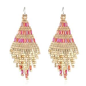 Hand Made Beaded Pink‎ and Gold Tassel Drop Earrings